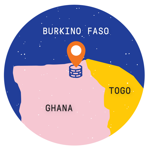 Map of northern Ghana with an orange pin and well icon near the border with Burkina Faso, with Togo to the east.