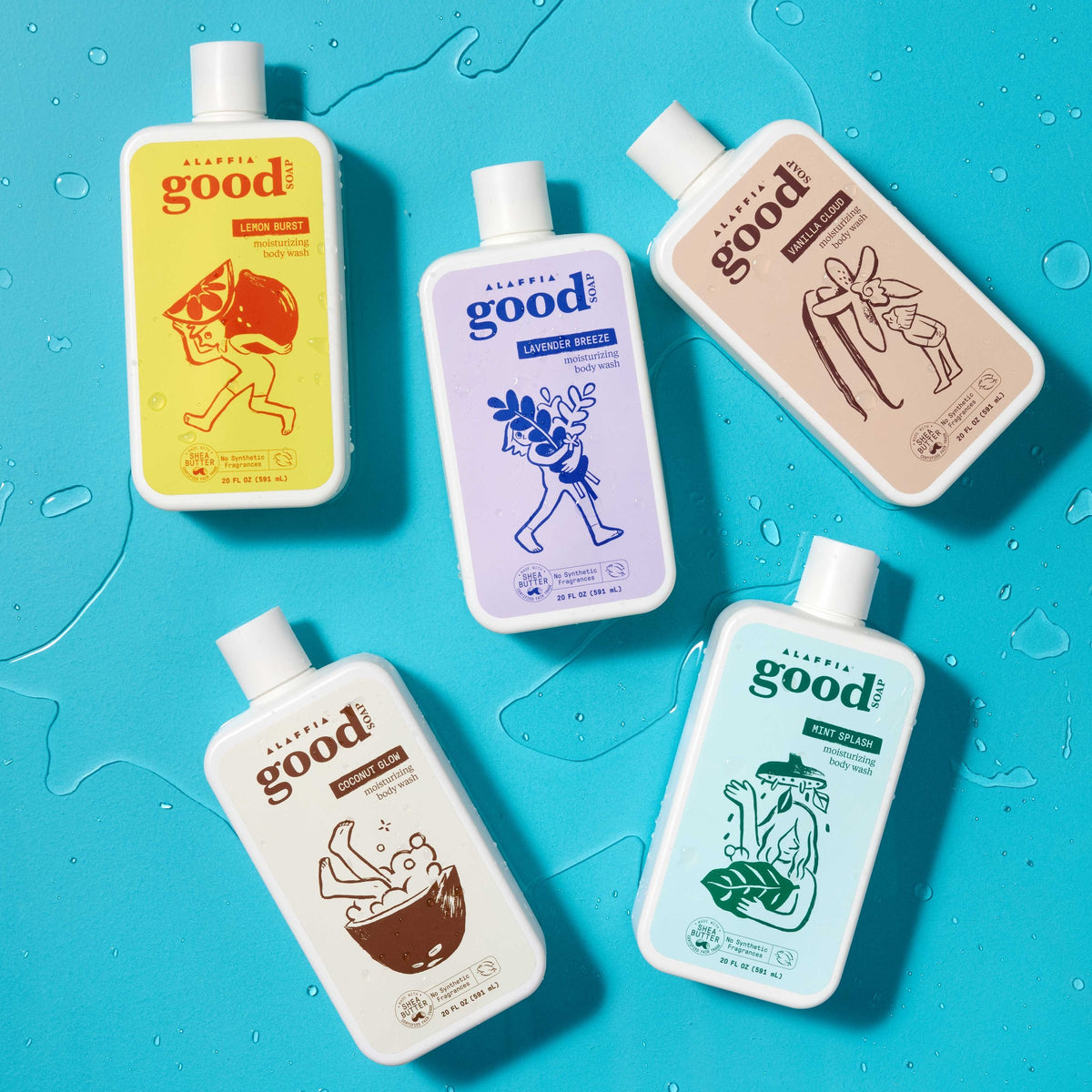 Five Good Soap body wash bottles in different scents, laid out on a bright blue surface with water droplets.
