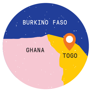 Illustrated map showing Togo between Ghana and Burkina Faso, marked with an orange pin.