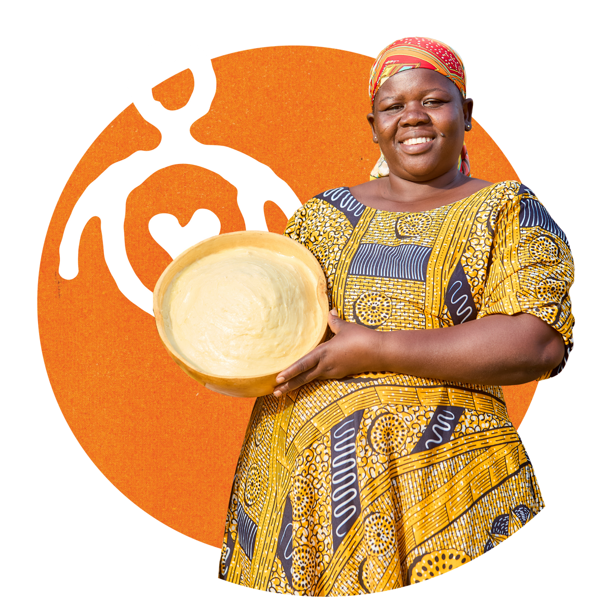 A smiling woman in a yellow wax-print dress holds a bowl of shea butter, on an orange circle with a white maternal health icon.